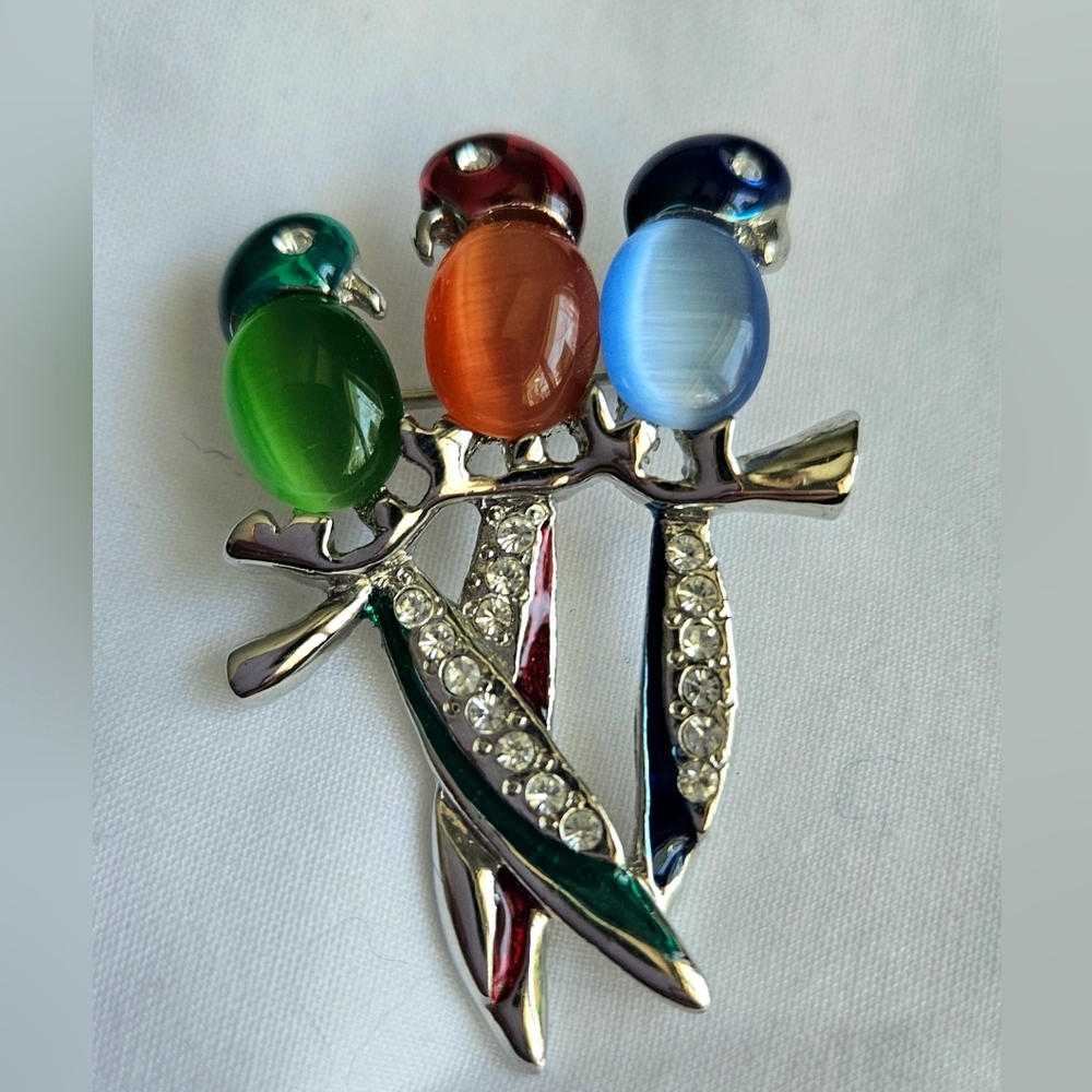 Vintage Jelly Belly And Rhinestones Parrots On A Branch Brooch Silvertone EUC - Picture 7 of 7